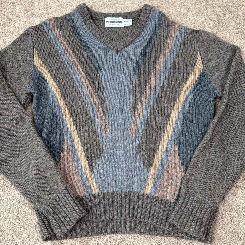 McGregor Sweater Mens L Brown Gray Vintage 90s Wool Blend Preppy Guam USA Stripe